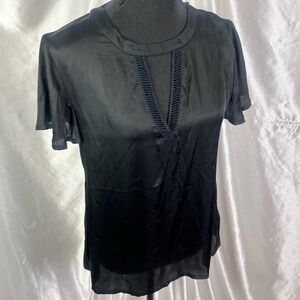 Stone Row Black Satin Cutout V-Neck Short Sleeve Blouse – Sleek & Chic (Size S)